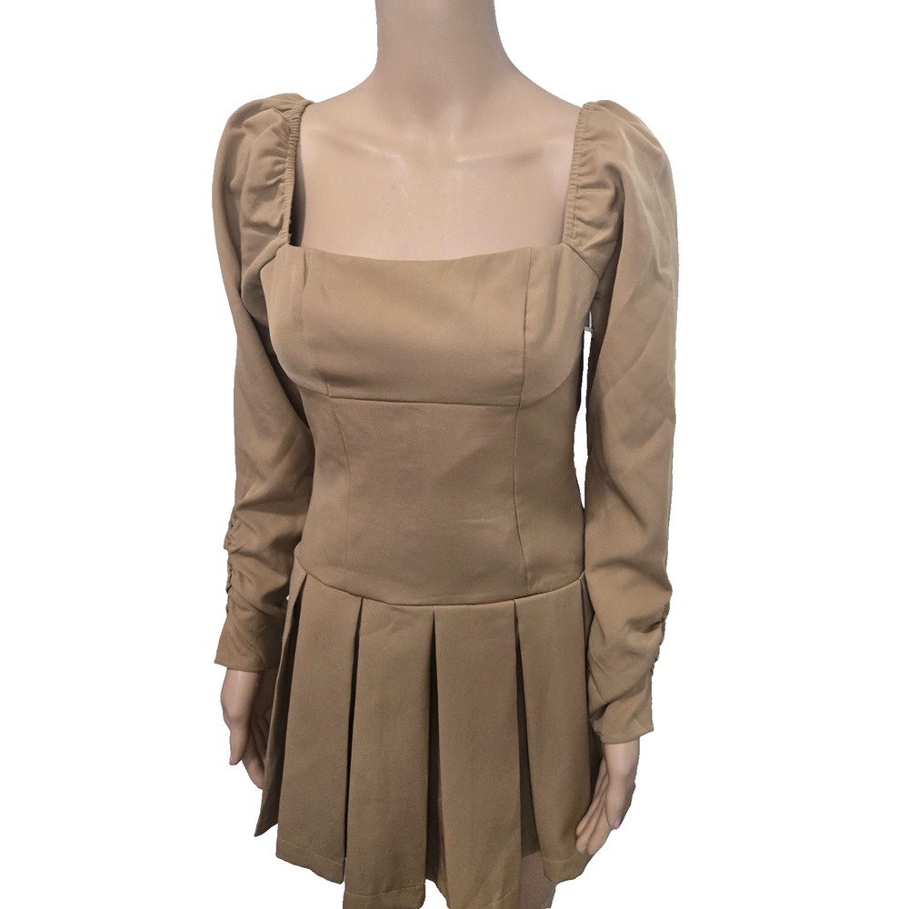 ASTR women's brown XS pleated balloon sleeve long sleeve mini dress sexy